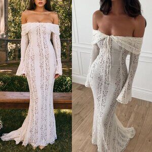 House of CB Belle Maxi Dress Vintage Cream Floral Lace Off Shoulder Size XS